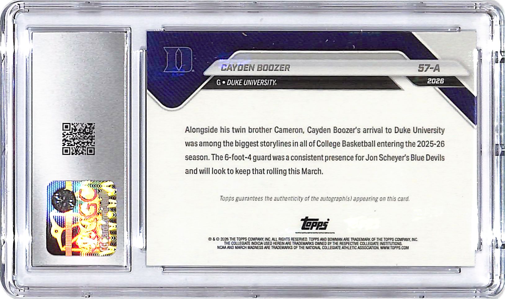2025-26 Bowman University now Cayden Boozer Auto Autograph Rookie Black Foil /10 CGC 9