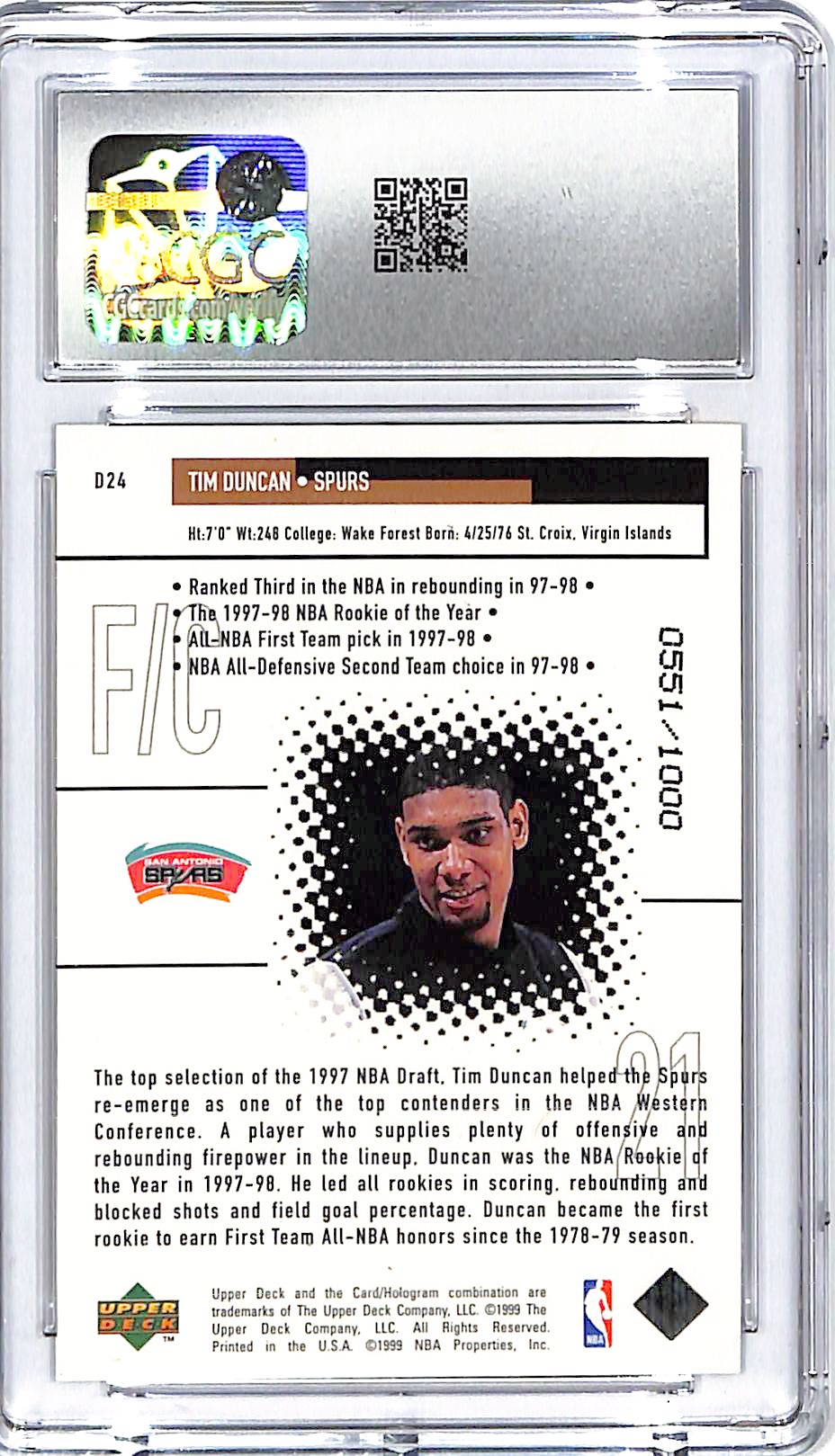 1998-99 Upper Deck Black Diamond Tim Duncan Diamond Dominance CGC 8.5 Spurs /1000