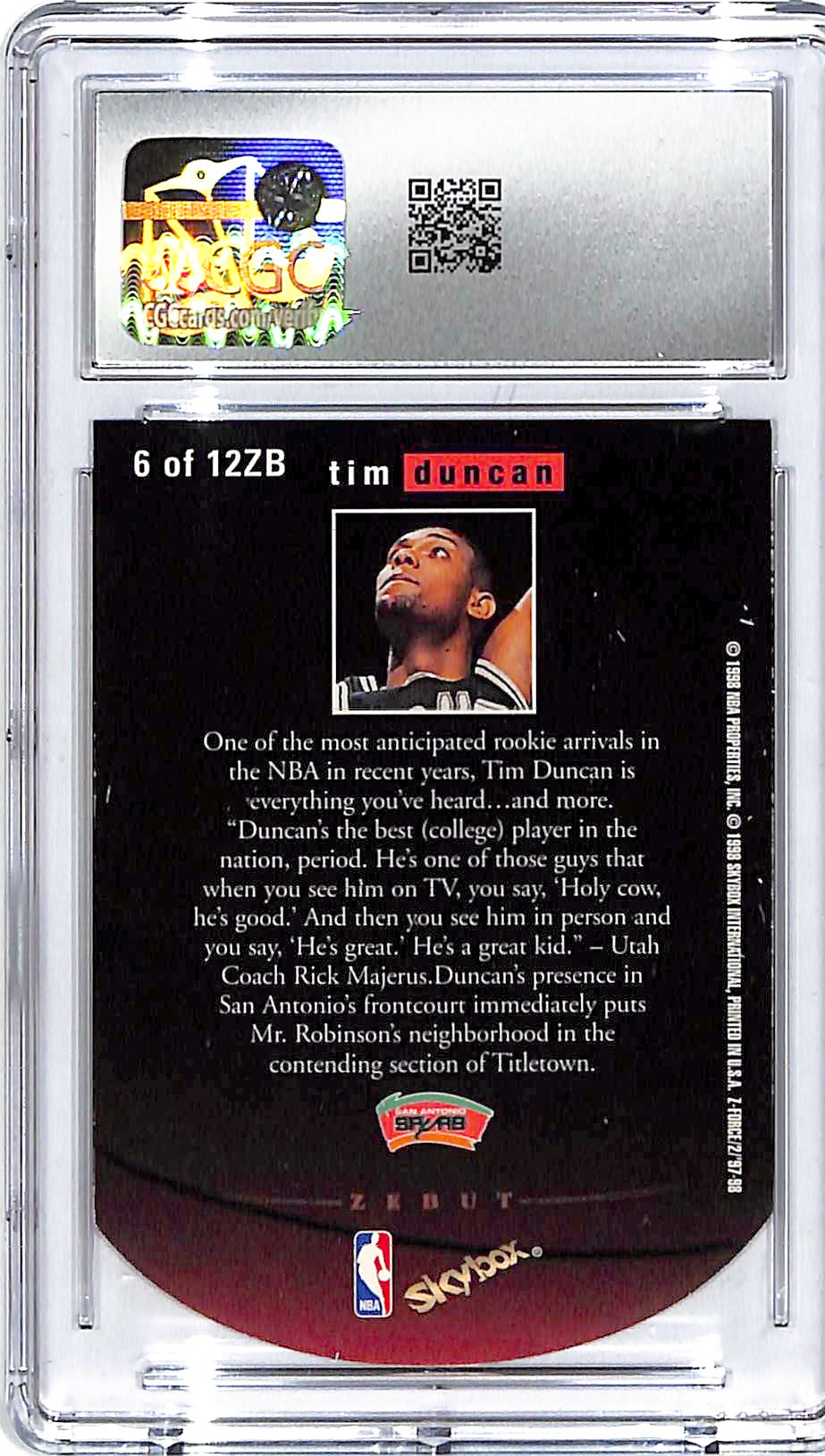 1997-98 Skybox Z-Force Tim Duncan Zebut Rookie RC CGC 8.5 Spurs