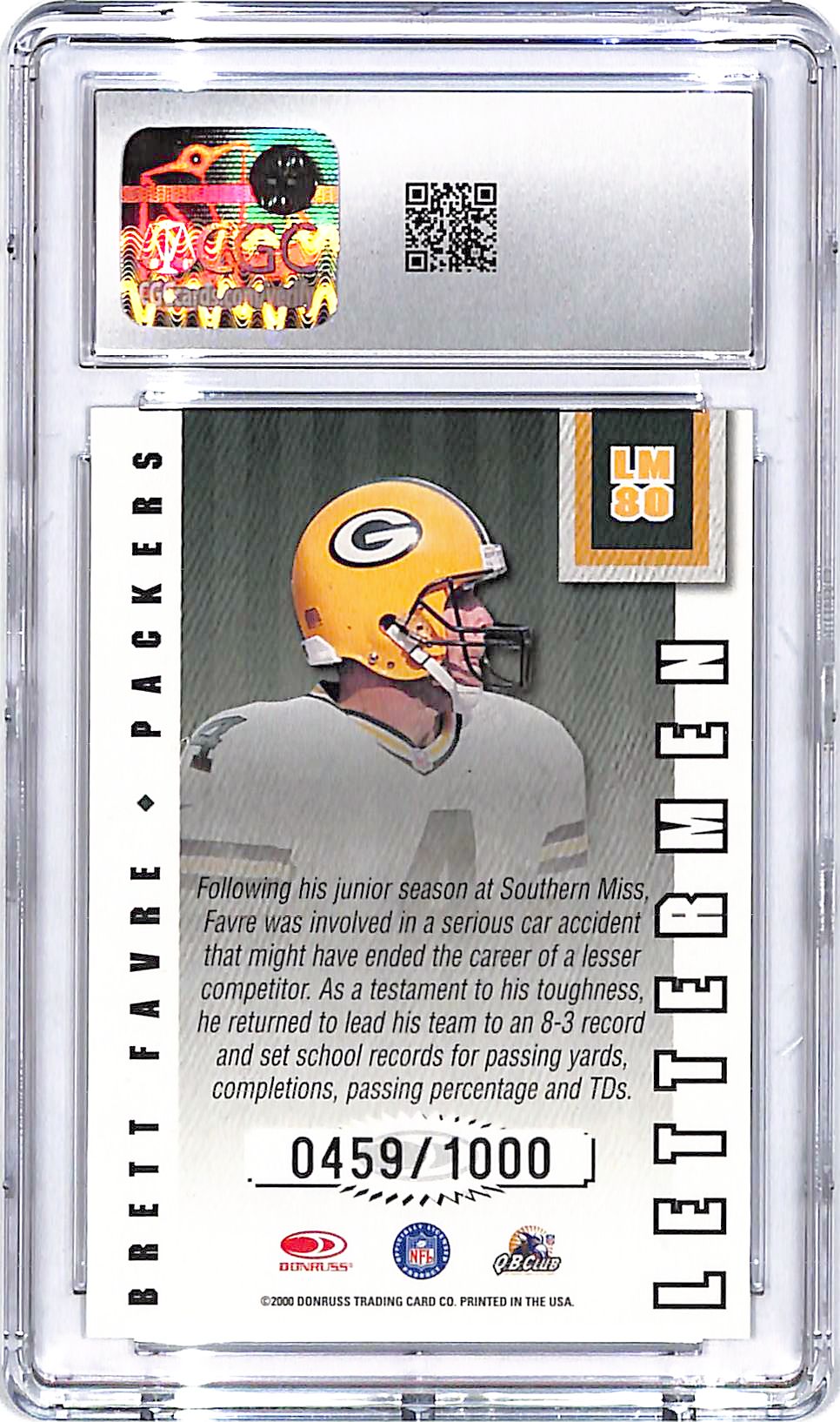 2000 Donruss Preferred Brett Favre Lettermen /1000 CGC 10 Packers