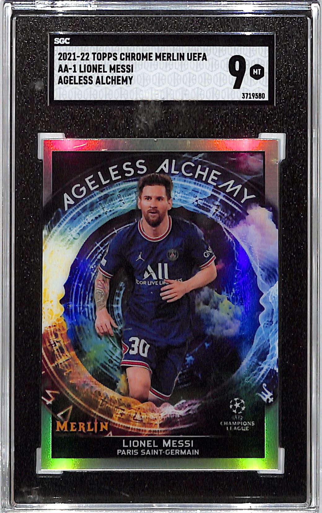 2021-22 Topps Chrome Merlin UEFA Lionel Messi Ageless Alchemy SGC 9 PSG