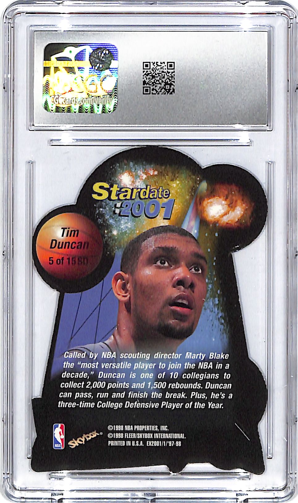 1997-98 Skybox E-X2001 Tim Duncan Star Date 2001 Rookie RC CGC 9 Spurs