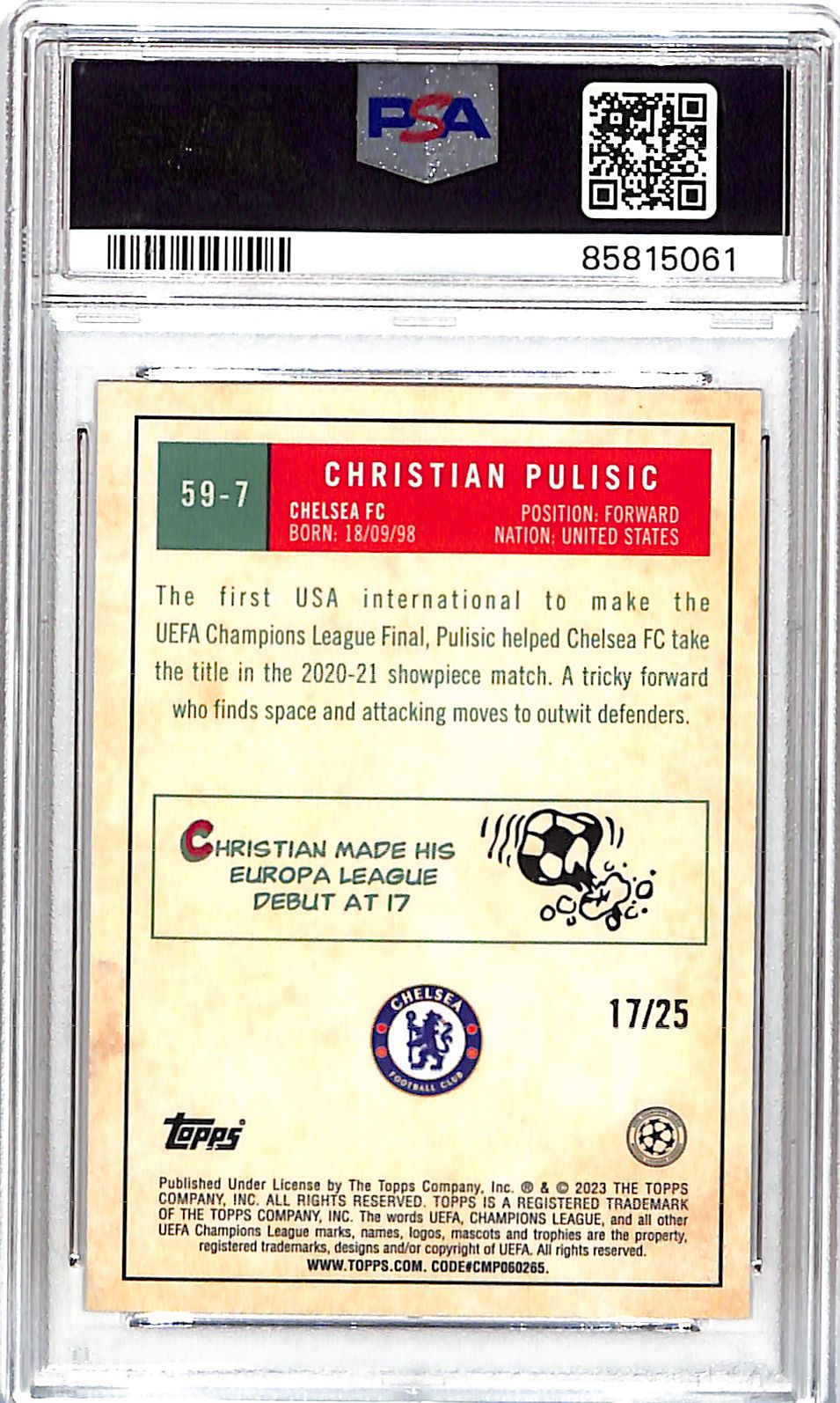 2022-23 Topps UEFA Christian Pulisic 1959 Topps Orange /25 PSA 9 Chelsea