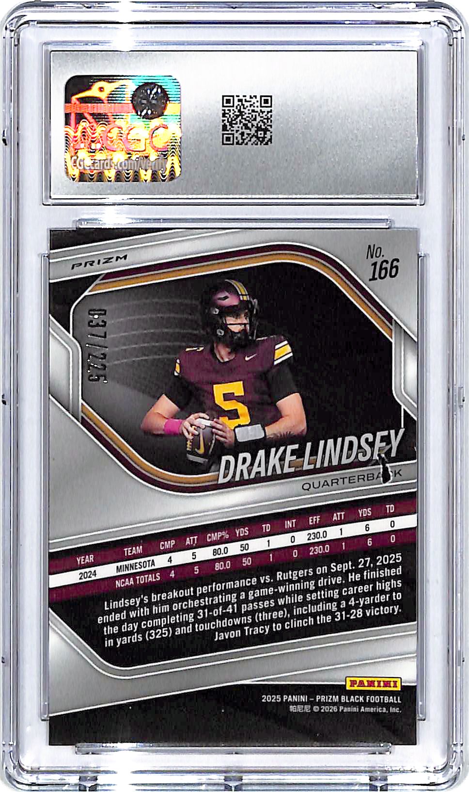 2025 Prizm Black Drake Lindsey Rookie RC Football /225 CGC 10 Minnesota
