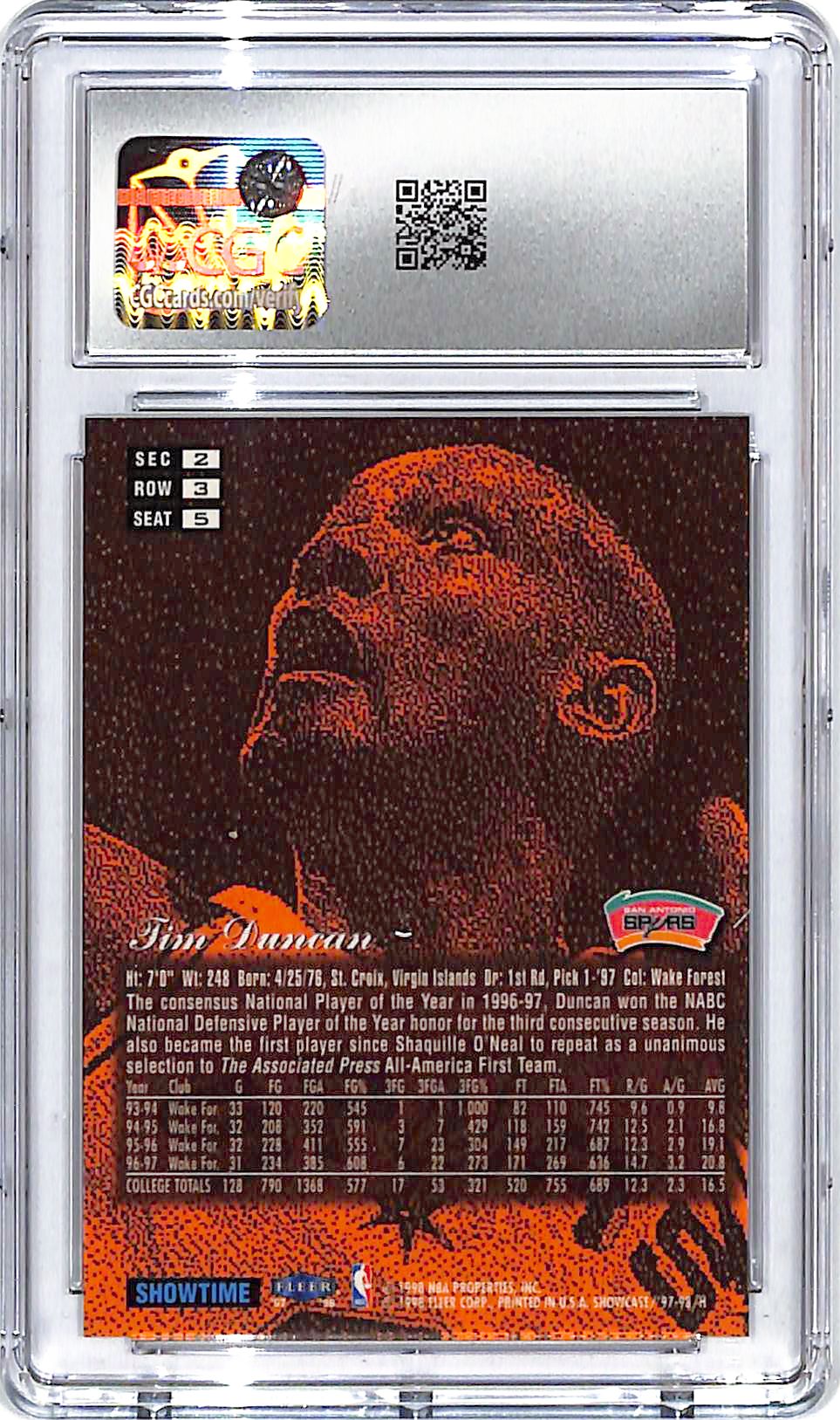 1997-98 Flair Showcase Tim Duncan Row 3 Rookie RC CGC 9.5 Spurs