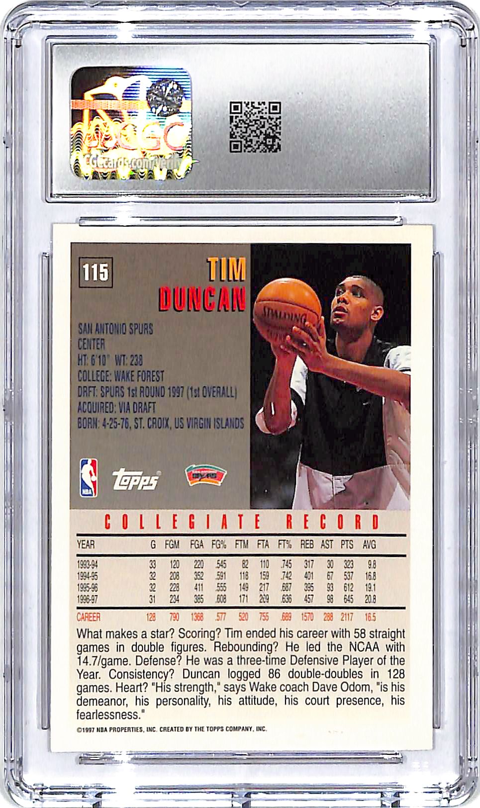1997-98 Topps Tim Duncan Minted in Springfield Rookie RC #115 CGC 9 Spurs