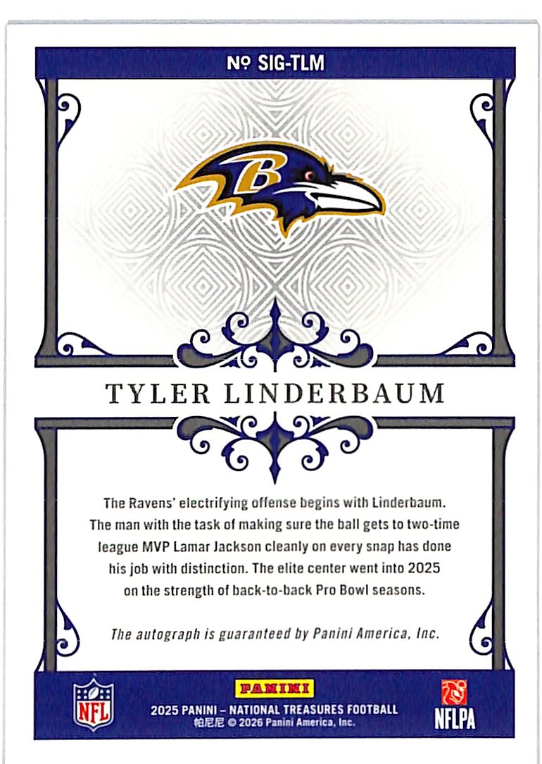 2025 National Treasures Tyler Linderbaum Auto Autograph Signatures /49 Ravens