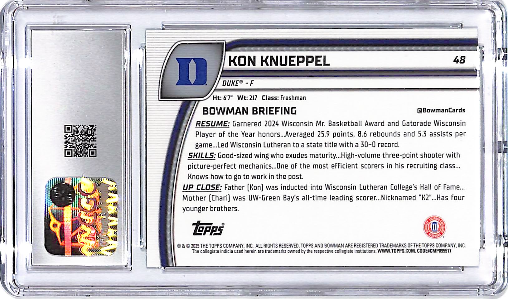 2024-25 Bowman Chrome University Kon Knuppel Green Shimmer Refractor Rookie CGC 9.5