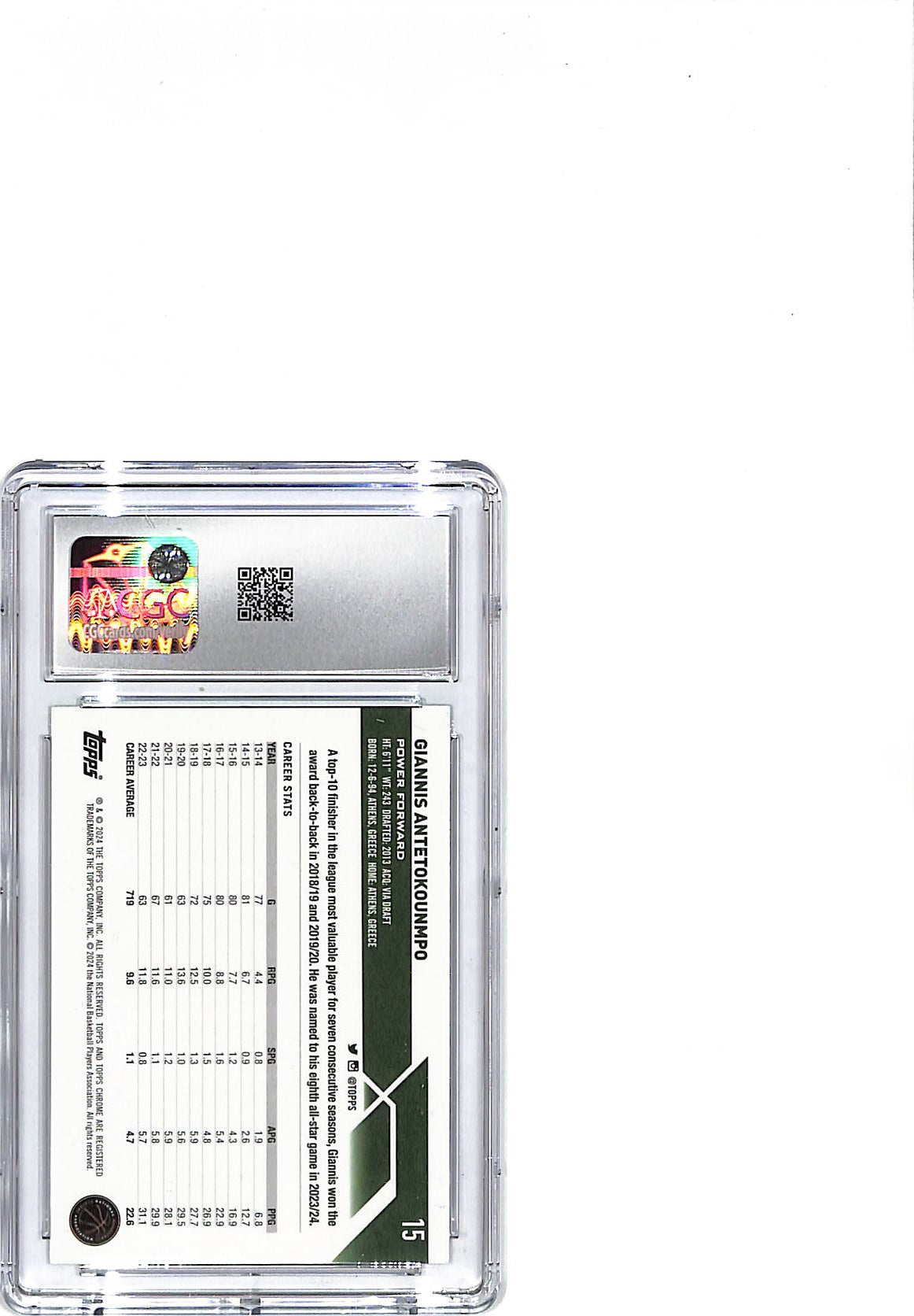 2023-24 Topps Chrome Giannis Antetokounmpo Green Topps Refractor #15 CGC 10 Bucks