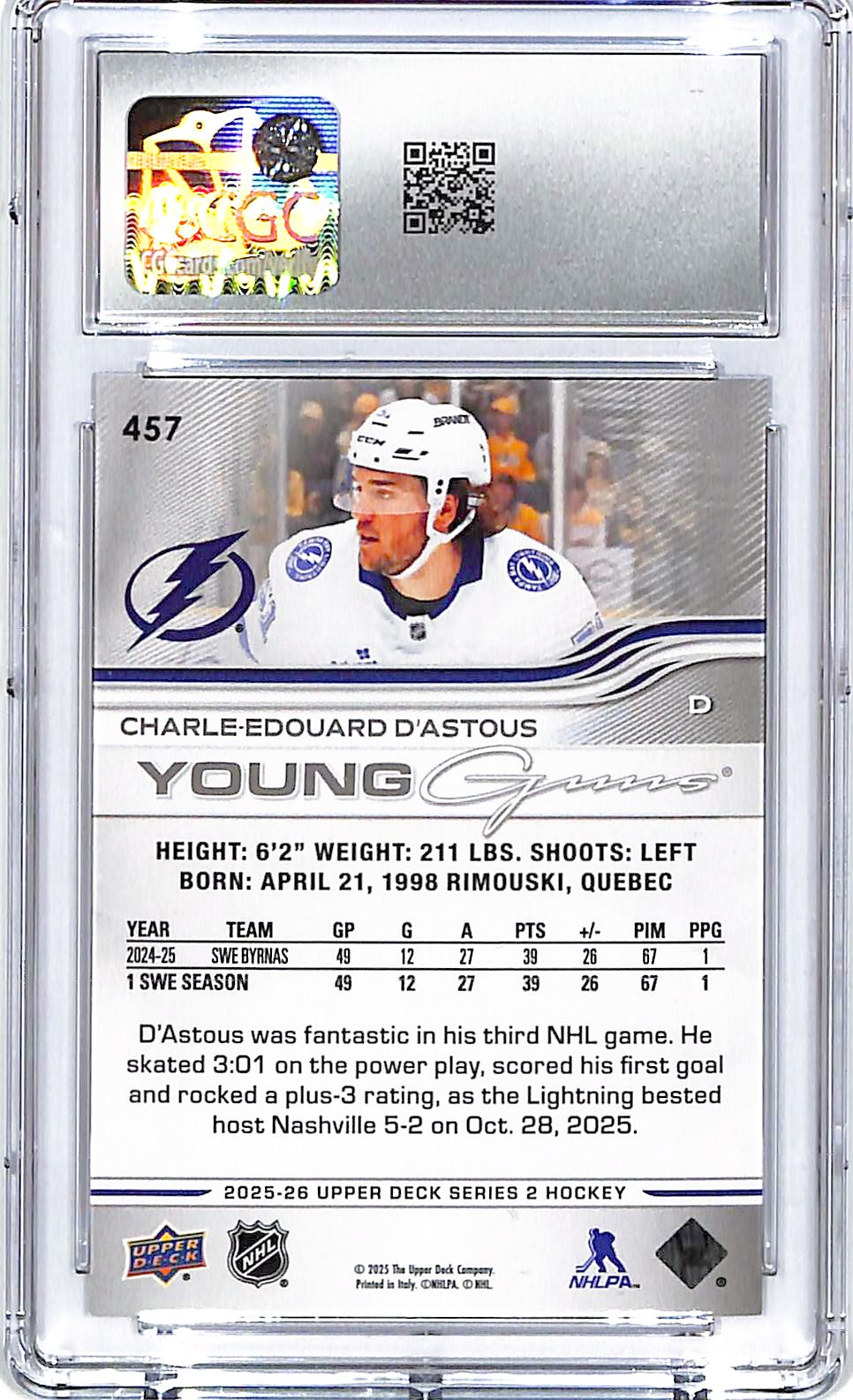 2025-26 Upper Deck Charle-Edouard D'Astous Young Guns Rookie RC #457 CGC 10 Lightning