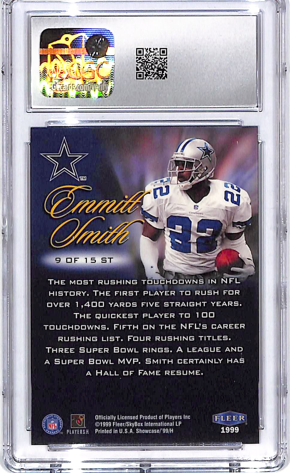 1999 Flair Showcase Emmitt Smith Shrine Time /1500 CGC 9 Cowboys