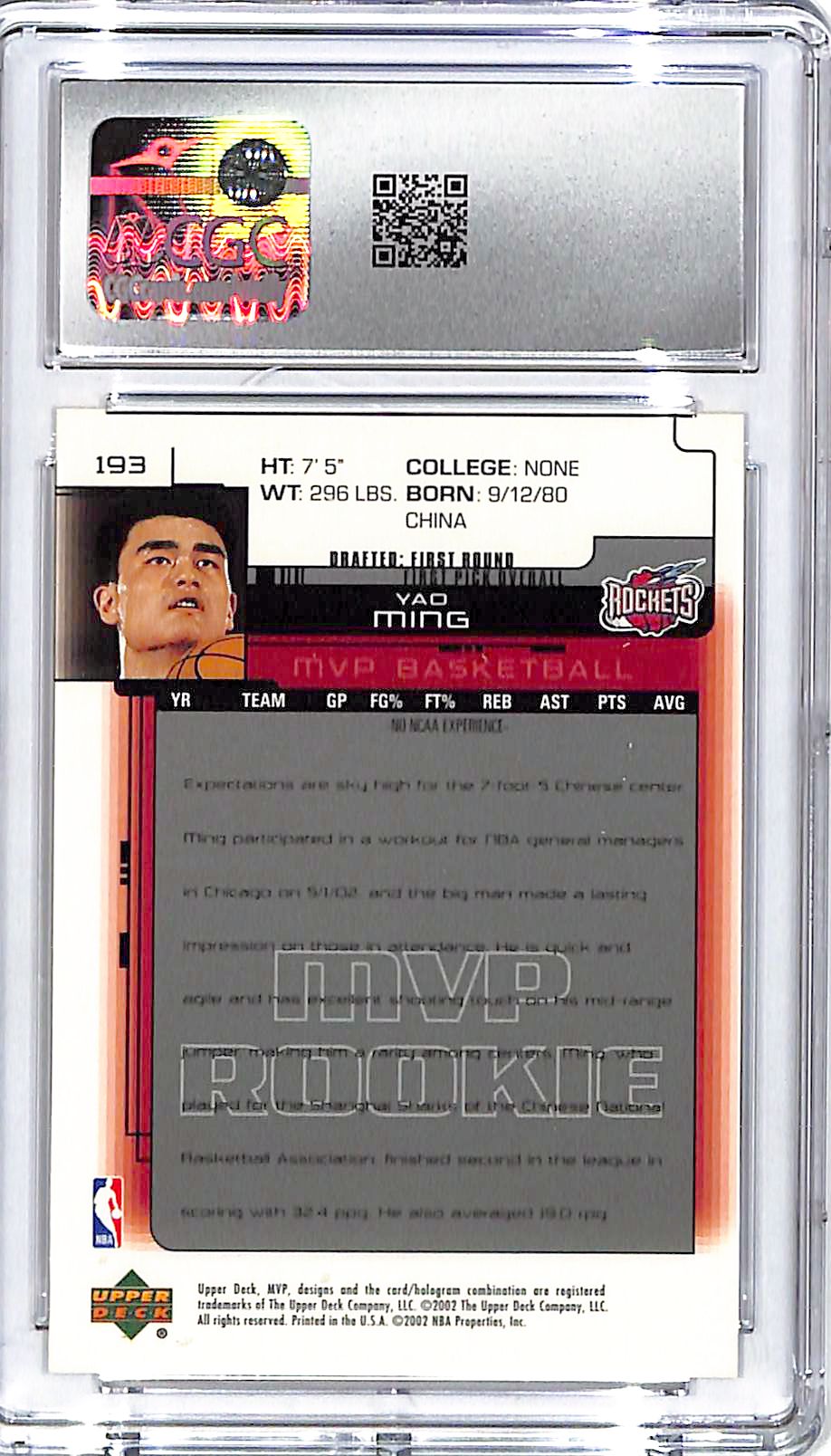 2002-03 Upper Deck MVP Yao Ming Rookie RC #193 CGC 9 Rockets