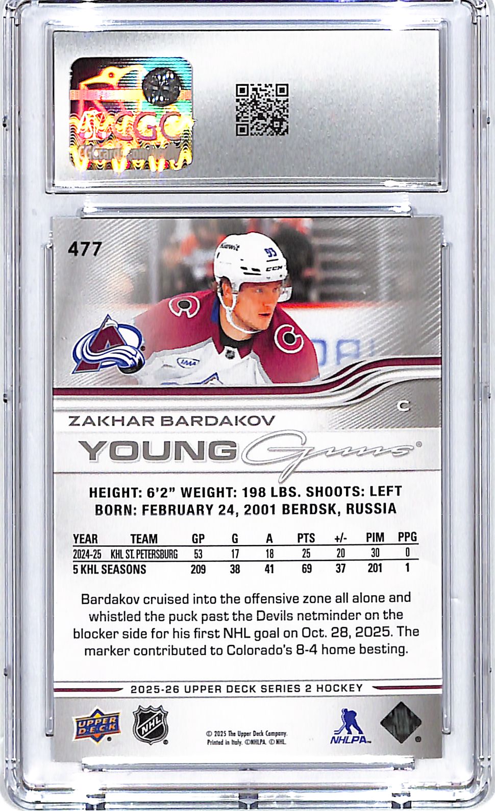 2025-26 Upper Deck Zakhar Bardakov Young Guns Rookie RC #477 CGC 10 Avalanche