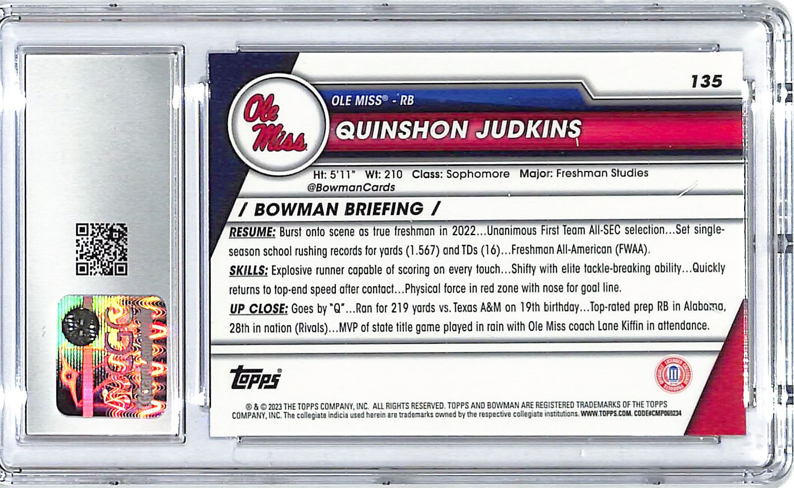 2023 Bowman Chrome University Sapphire Quinshon Judkins Rookie RC CGC 10 Ole Miss