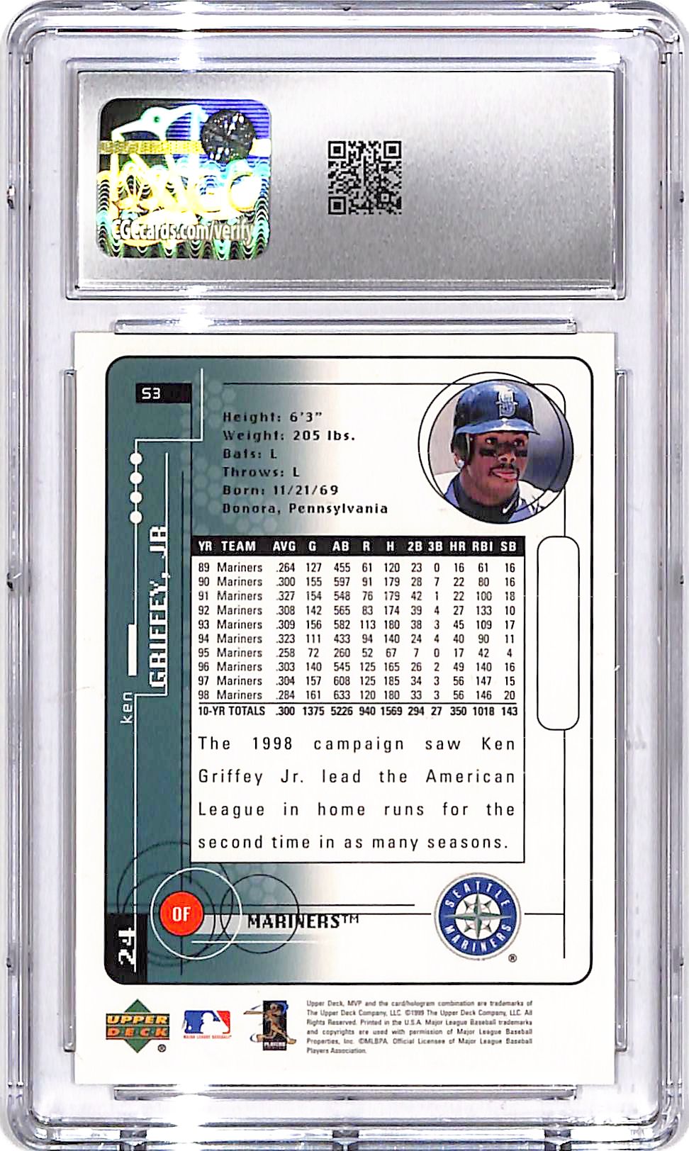 1999 Upper Deck MVP Ken Griffey Jr Silver Script #53 CGC 9 Mariners