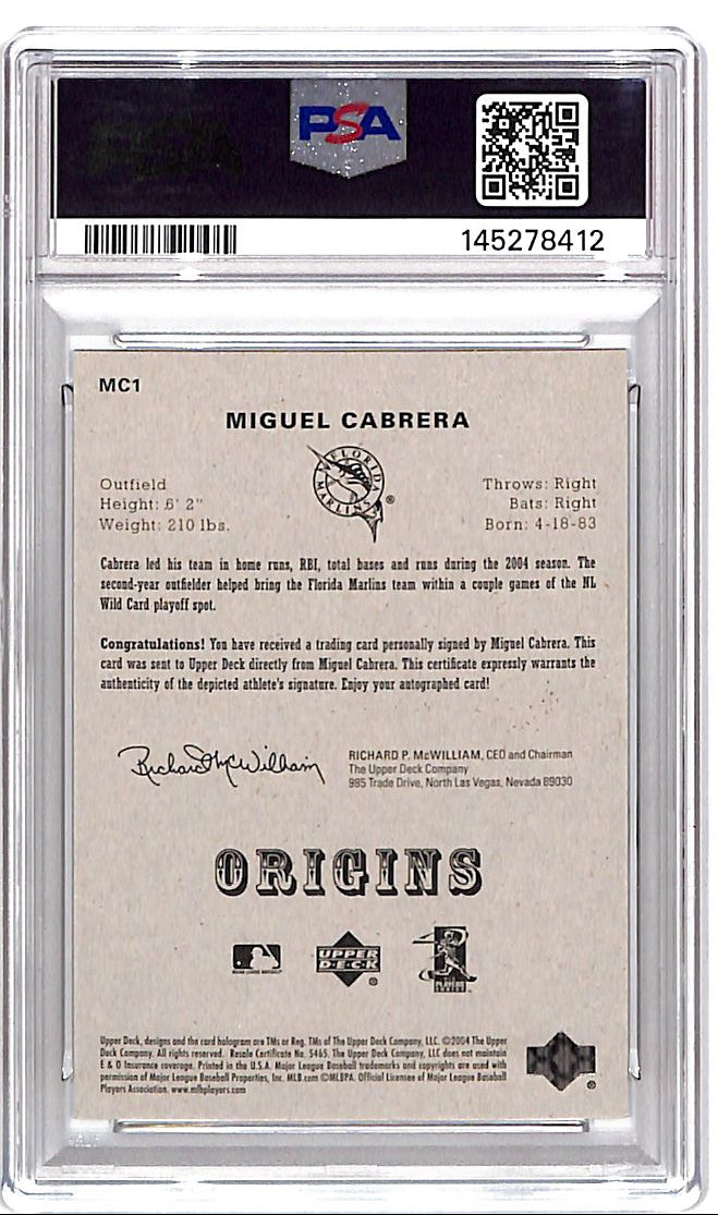 2005 UD Origins Miguel Cabrera Auto Autograph PSA 8 Marlins