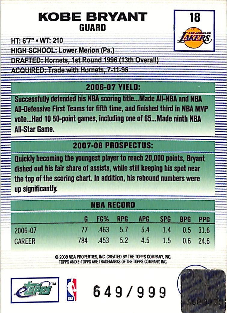 2007-08 eTopps Kobe Bryant /999 #18 Lakers