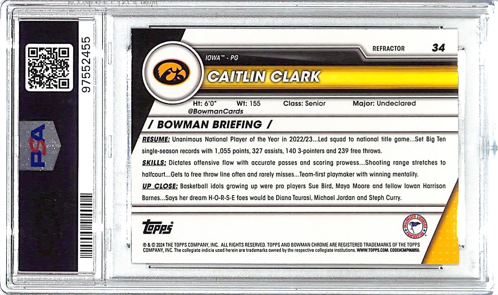 2023-24 Bowman Chrome University Caitlin Clark Rookie RC Refractor PSA 10 Iowa