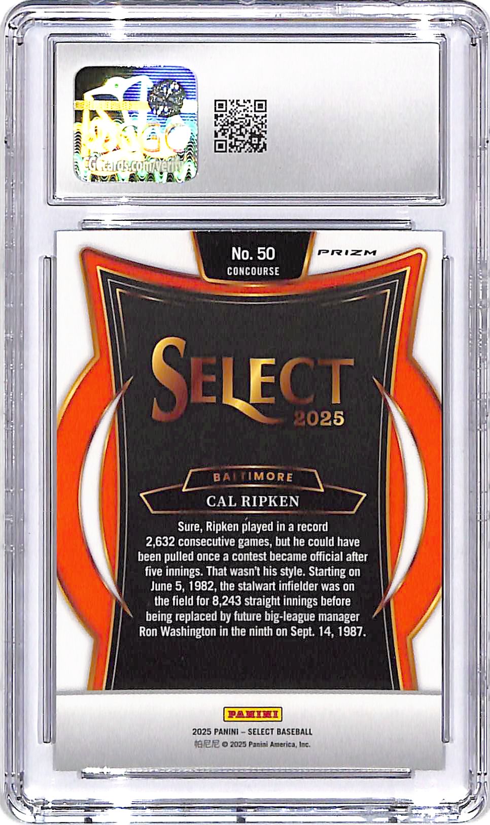 2025 Select Cal Ripken Jr Zebra CGC 9 Orioles