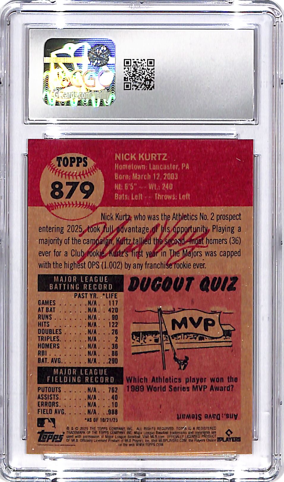 2025 Topps Living Set Nick Kurtz Rookie RC #879 CGC 10 Athletics