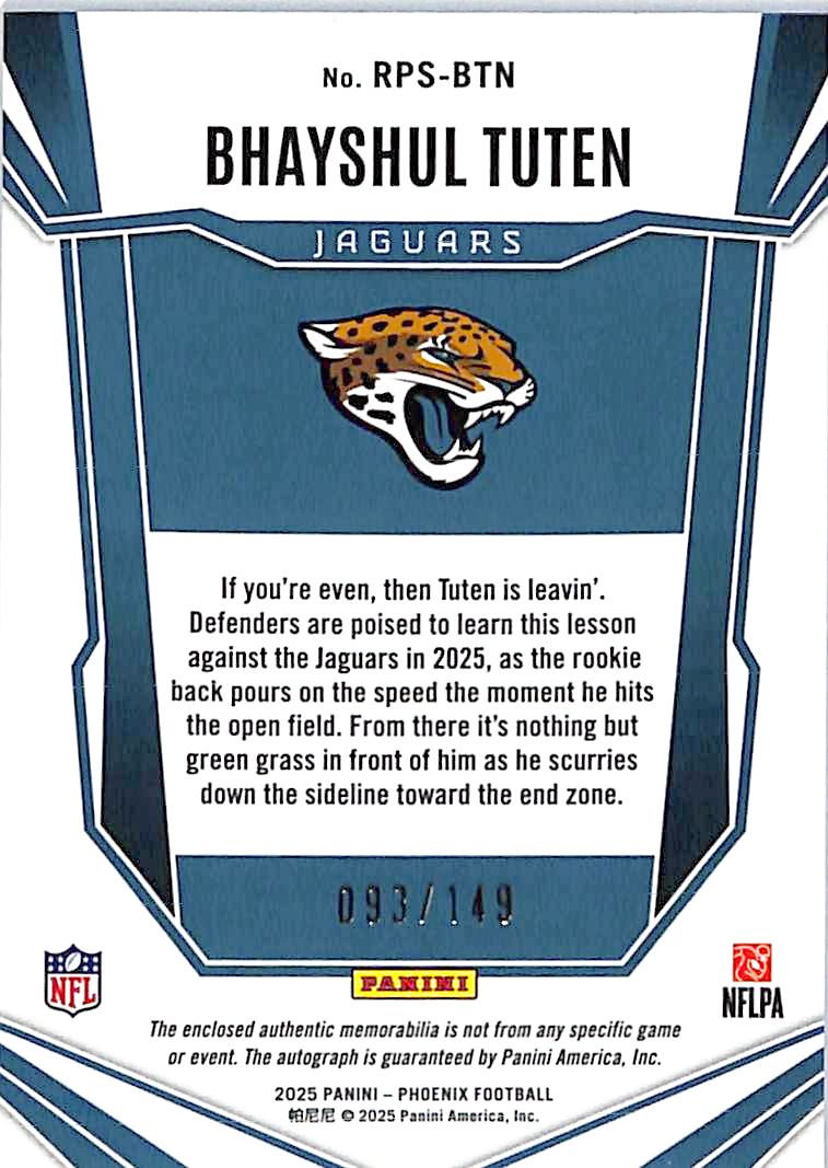 2025 Phoenix Bhayshul Tuten Auto Autograph Rookie RC Patch Jersey Jaguars /149 RPA