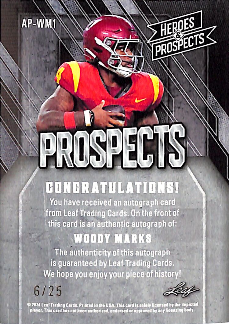 2024 Leaf Heroes and Prospects Woody Marks Rookie RC Auto Autograph /25