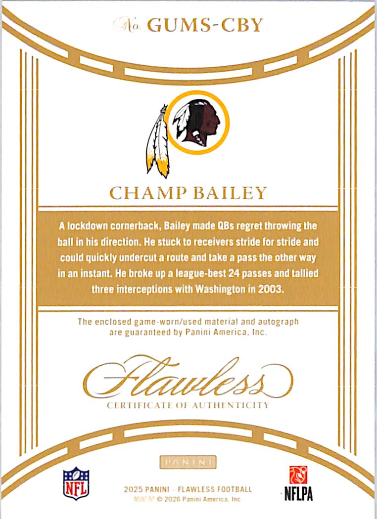 2025 Panini Flawless Champ Bailey Auto Autograph Patch Jersey /20 Redskins