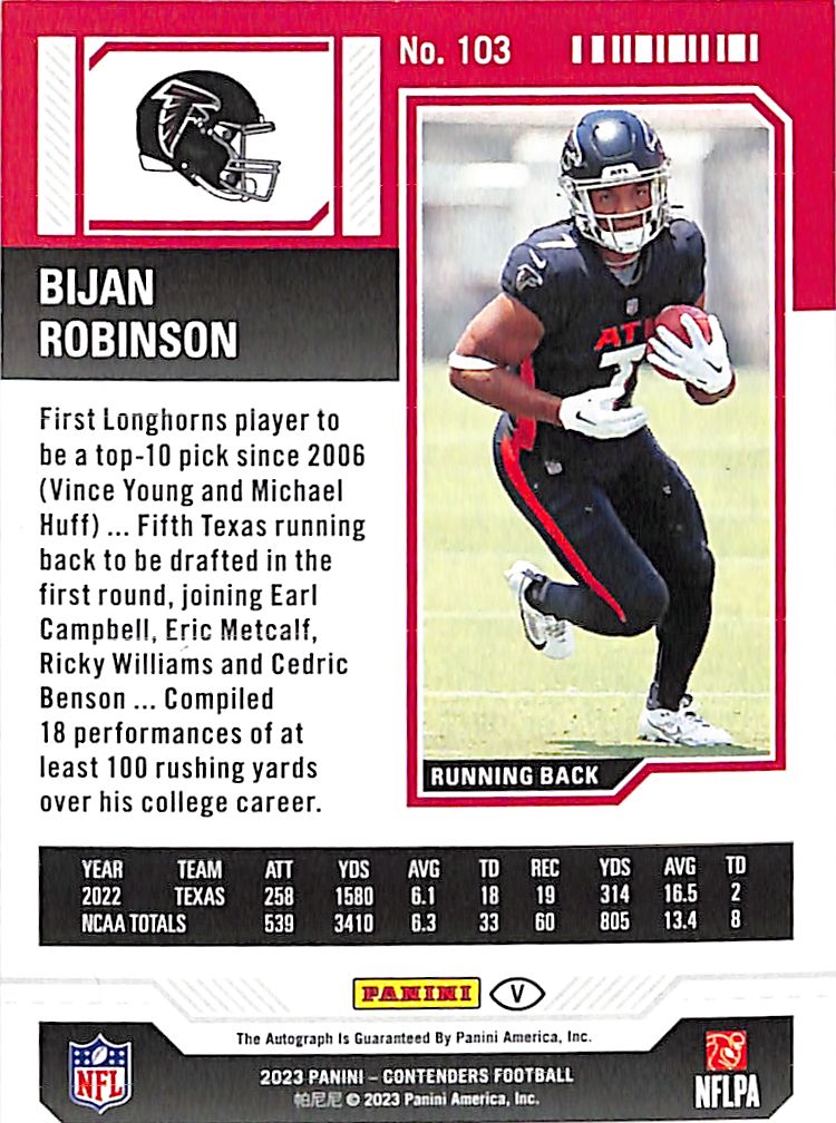 2023 Contenders Bijan Robinson Auto Autograph Rookie RC Midfield Ticket /50 Falcons