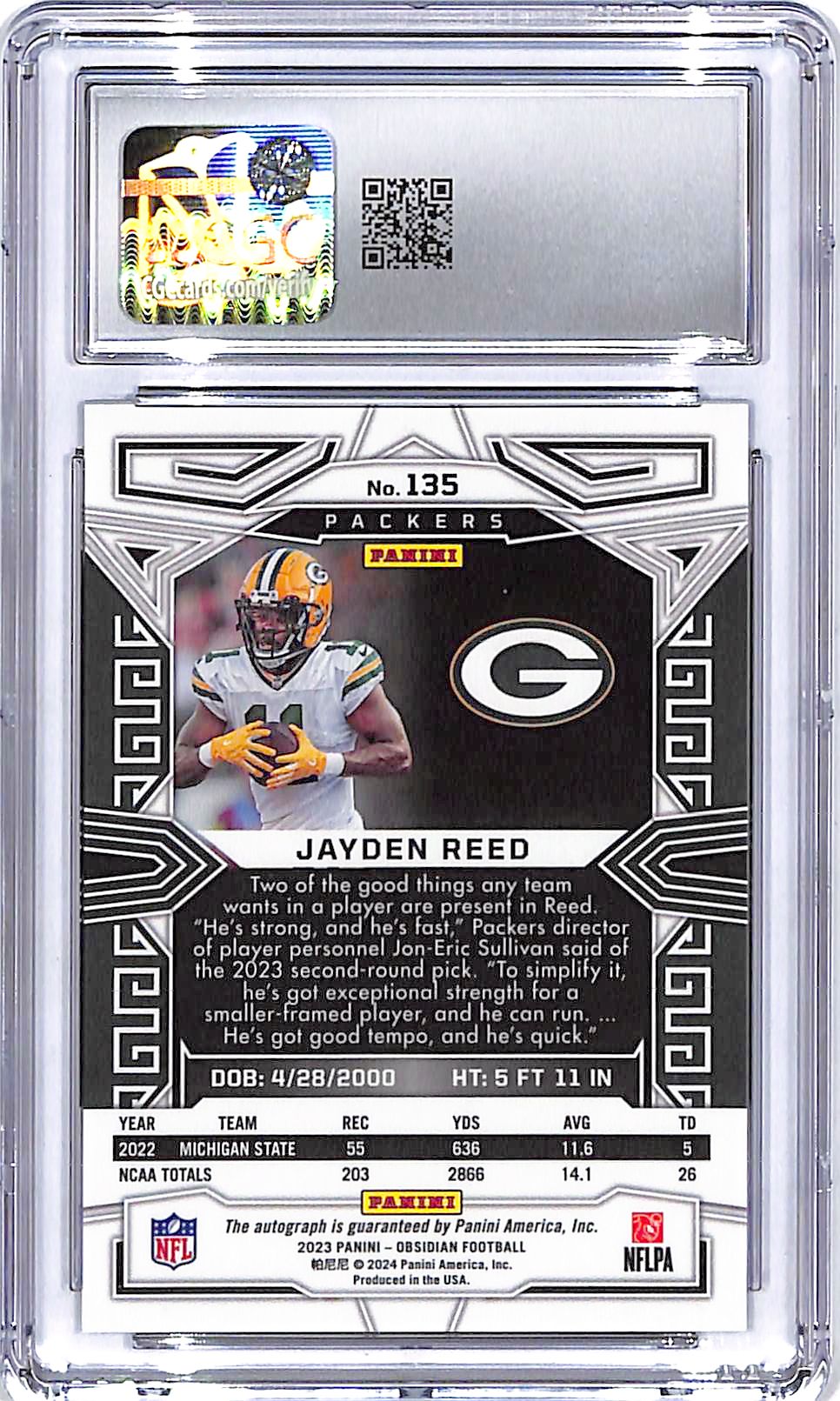 2023 Obsidian Jayden Reed Auto Autograph Rookie RC Signatures CGC 9 Packers