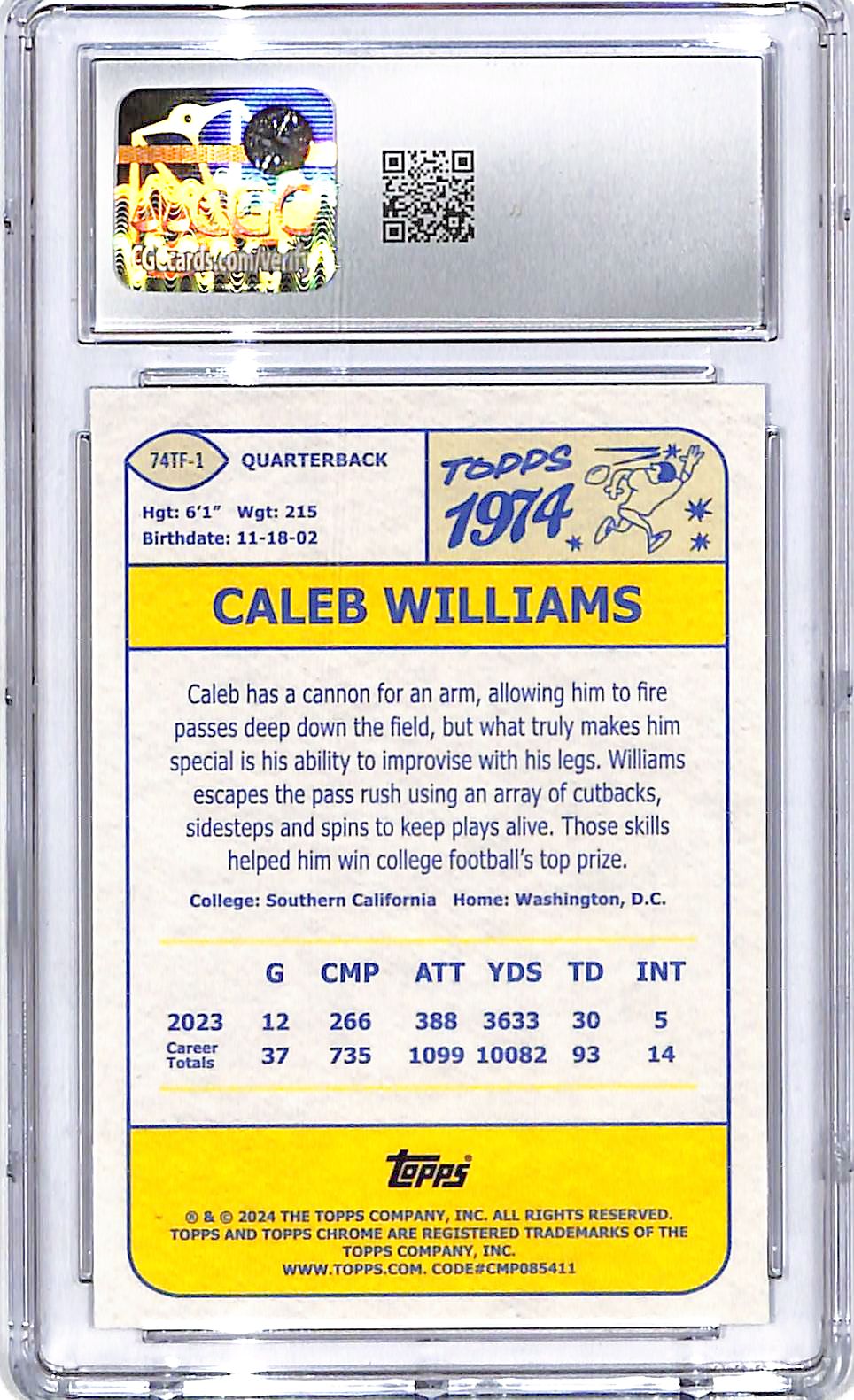 2024 Topps Chrome Caleb Williams 74 Topps Football Rookie RC CGC 9.5 Bears