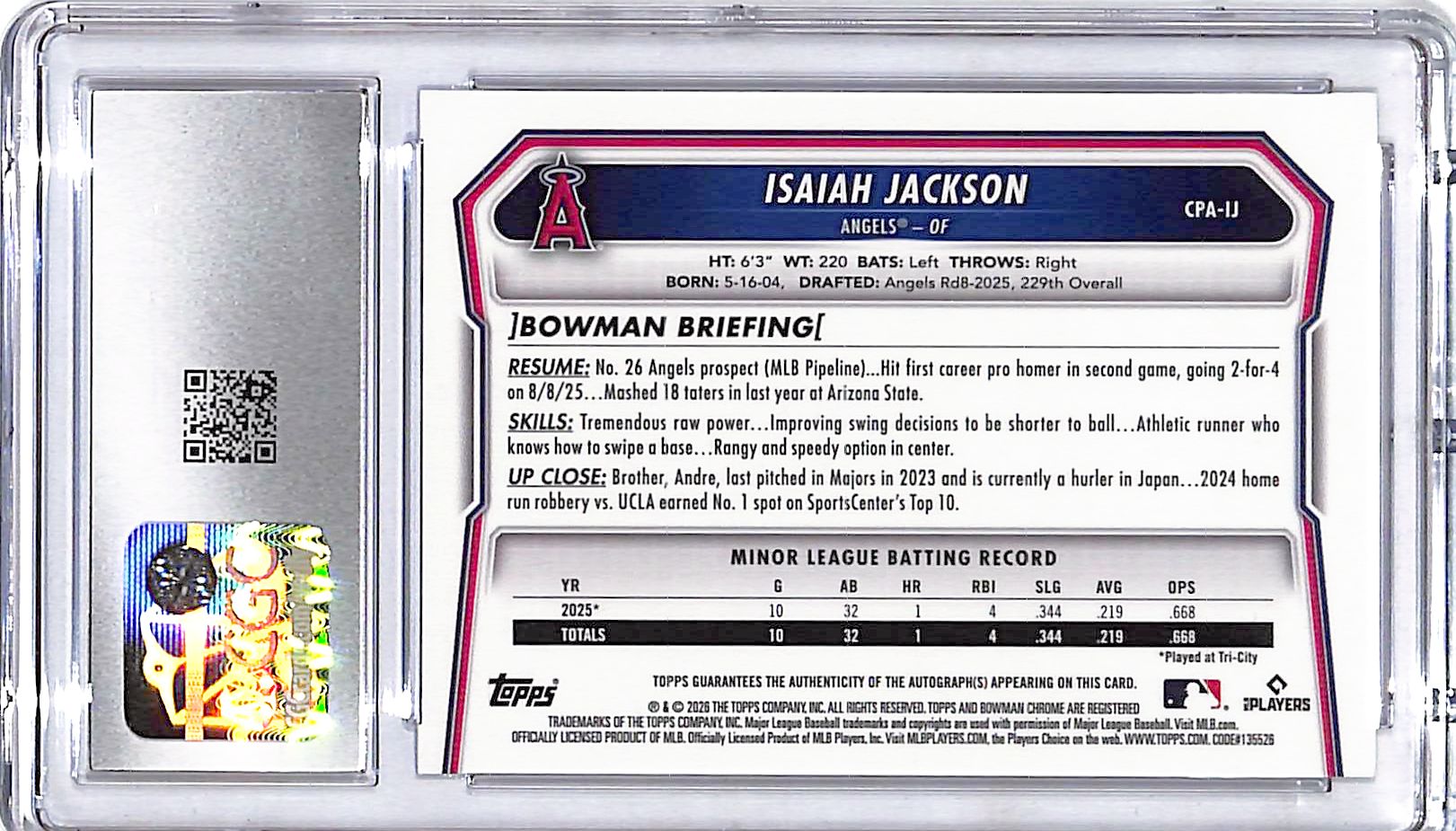 2026 Bowman Chrome Isaiah Jackson Auto Autograph Rookie RC Purple Refractor CGC 10 /250