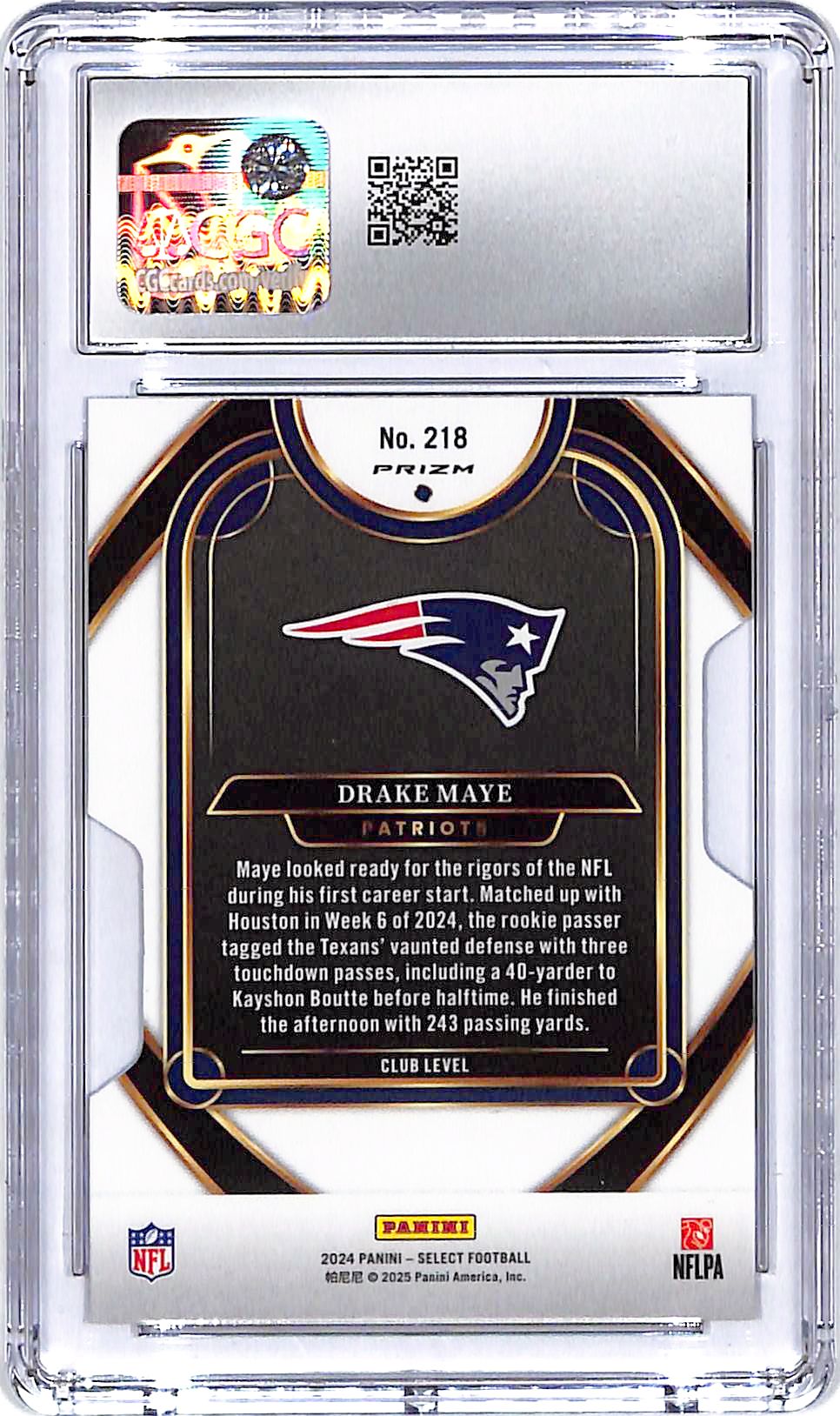 2024 Select Drake Maye Rookie RC Silver Die Cut #218 CGC 10 Patriots