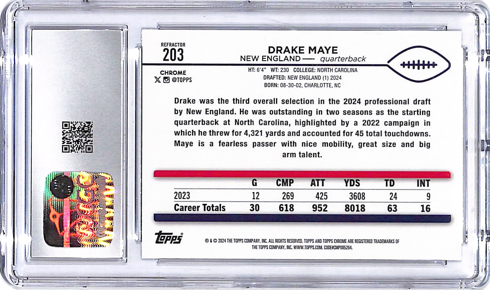 2024 Topps Chrome Drake Maye Rookie RC Refractor #203 CGC 9.5 Patriots