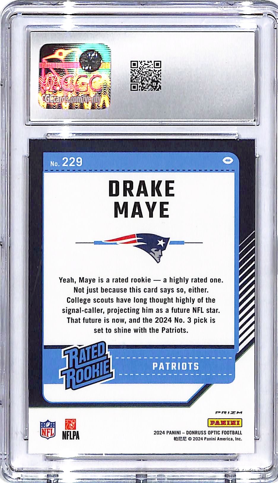 2024 Donruss Optic Drake Maye Rated Rookie RC Holo #229 CGC 9.5 Patriots