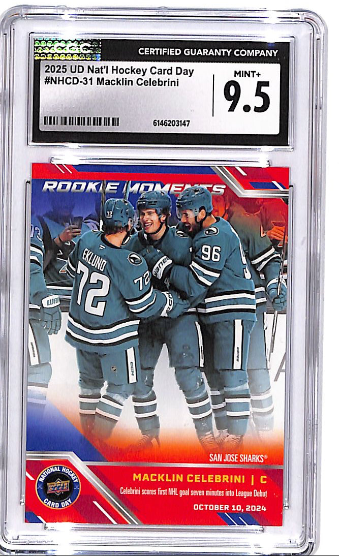 2025 Upper Deck National hockey Card Day Macklin Celebrini Rookie Moments CGC 9.5