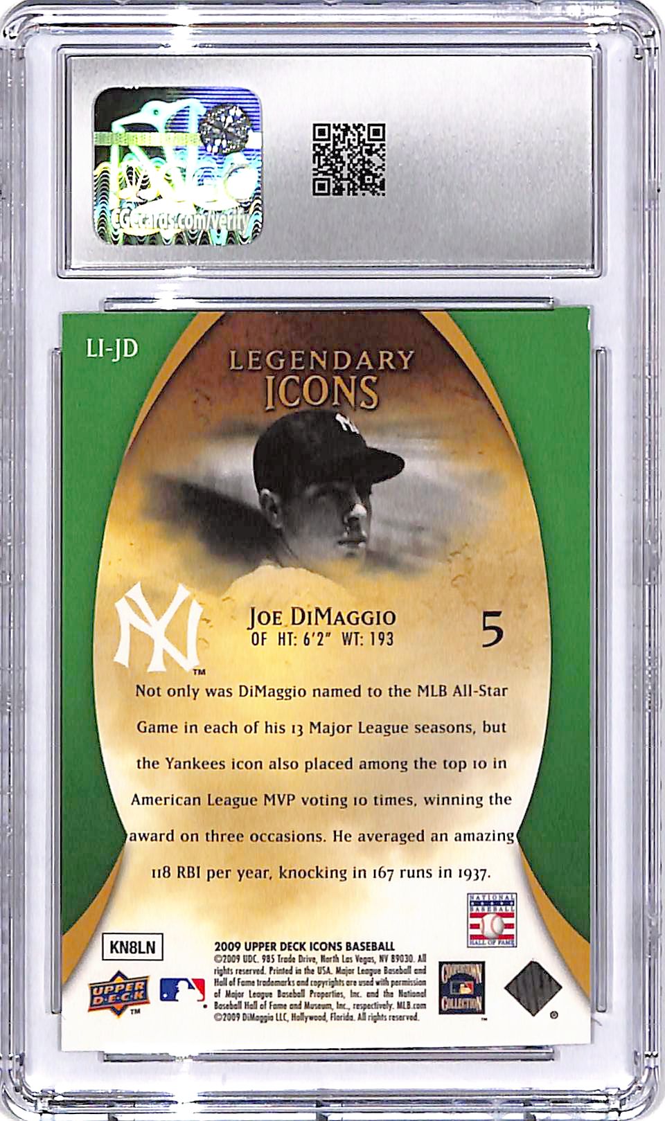 2009 Upper Deck icons Joe DiMaggio Legendary Icons Green /125 CGC 9 Yankees