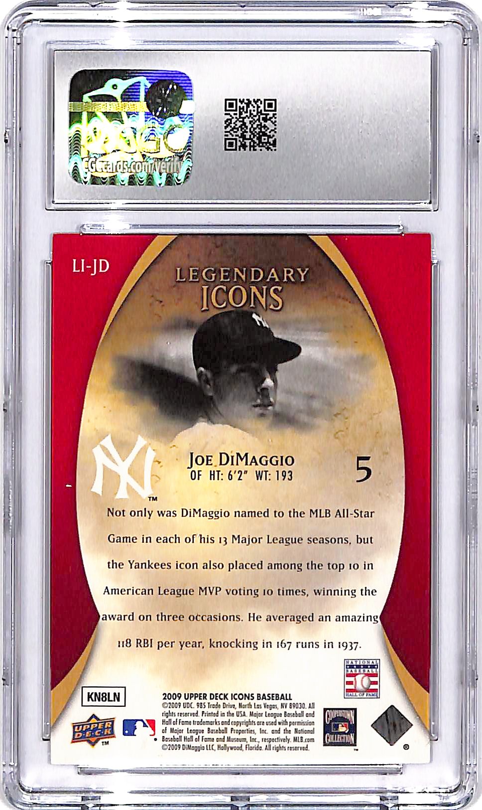 2009 Upper Deck Icons Joe DiMaggio Legendary Icons Red /999 CGC 9 Yankees