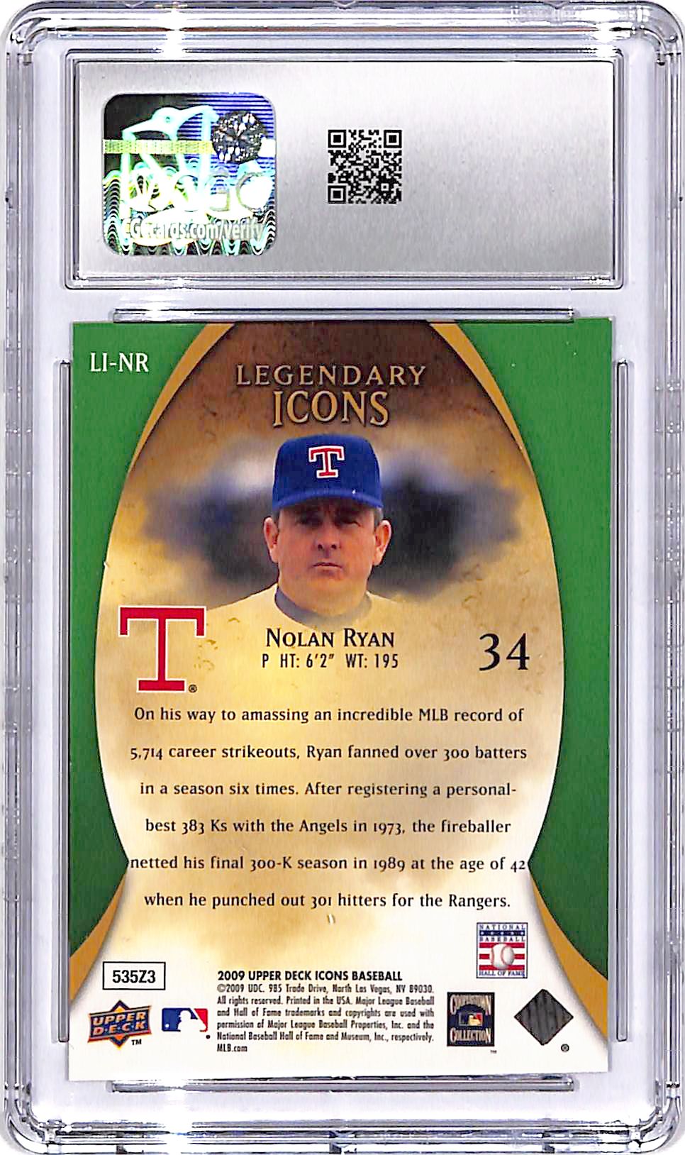 2009 Upper Deck Icons Nolan Ryan Legendary Icons Green /125 CGC 9 Rangers