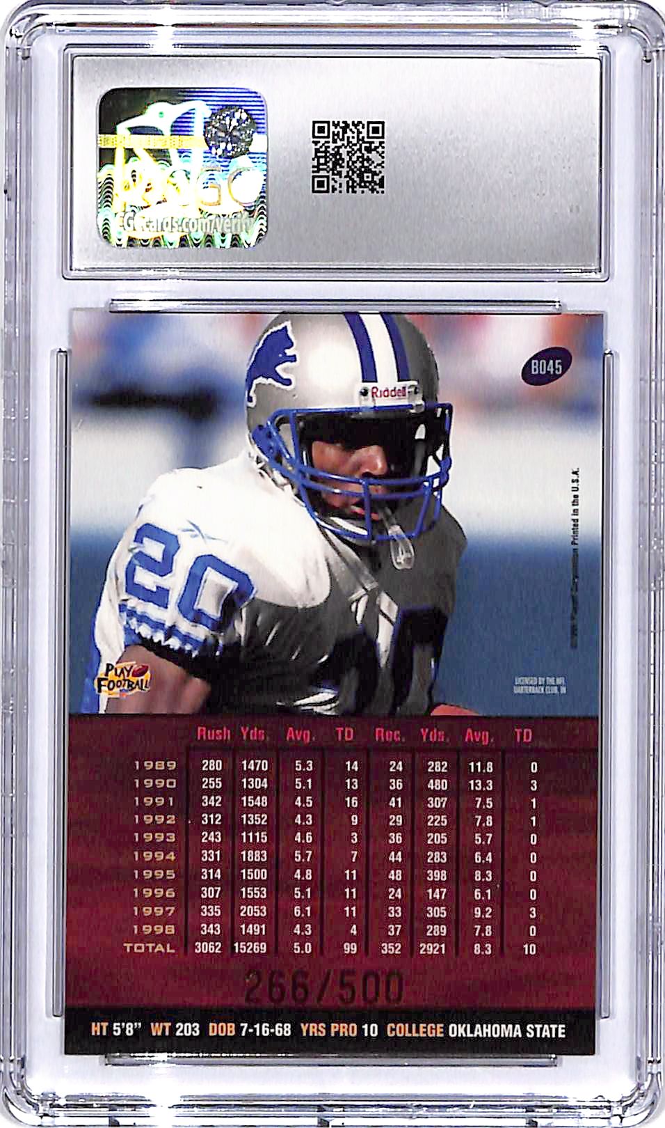 1999 Playoff Prestige SSD Barry Sanders Spectrum Blue /500 CGC 9 Lions