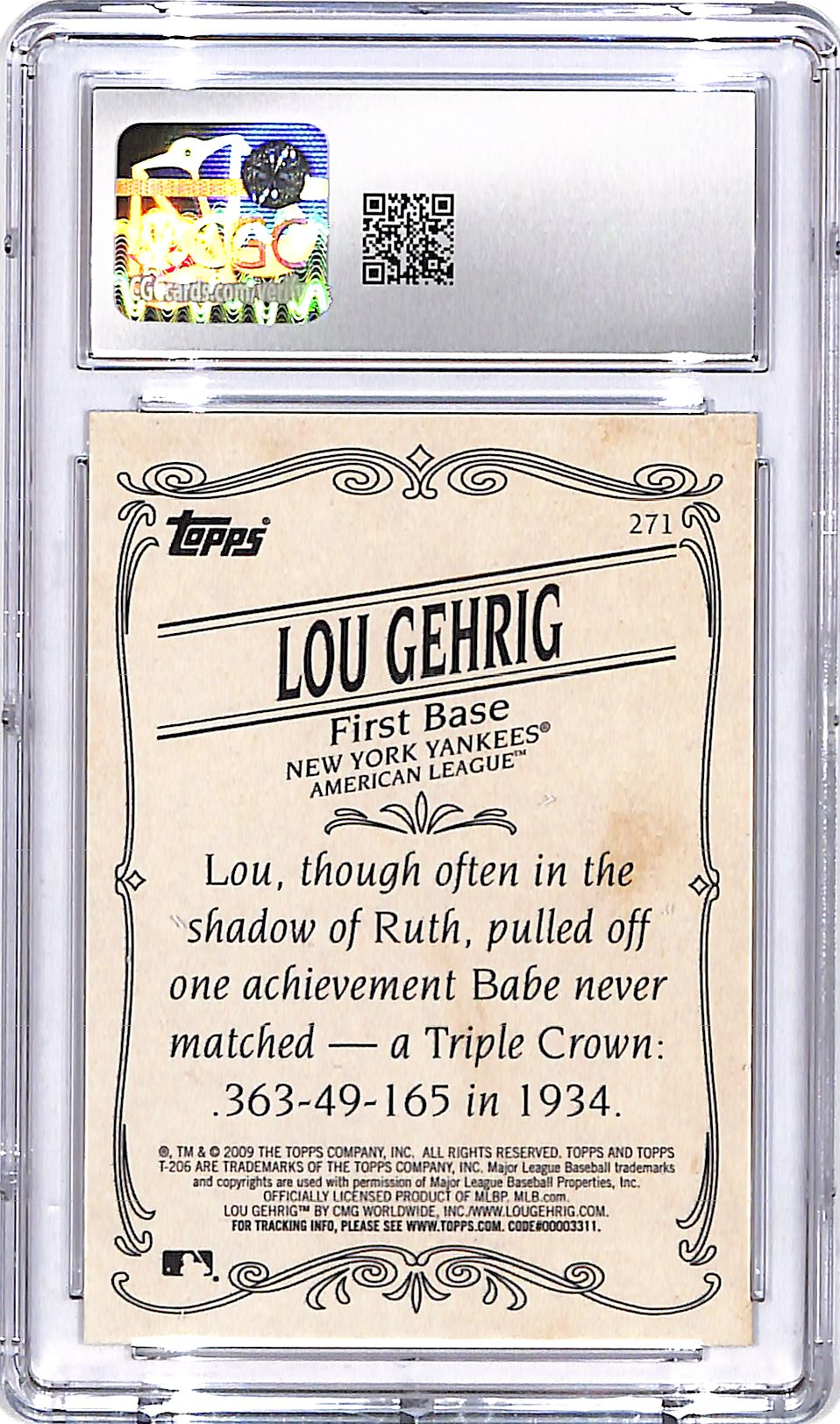 2009 Topps 206 Lou Gehrig #271 CGC 9.5 Yankees