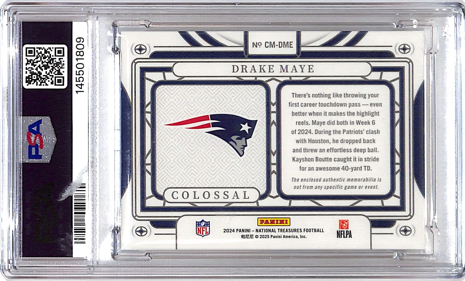 2024 National Treasures Drake Maye Rookie RC Jersey Patch Materials /49 PSA 8 Patriots