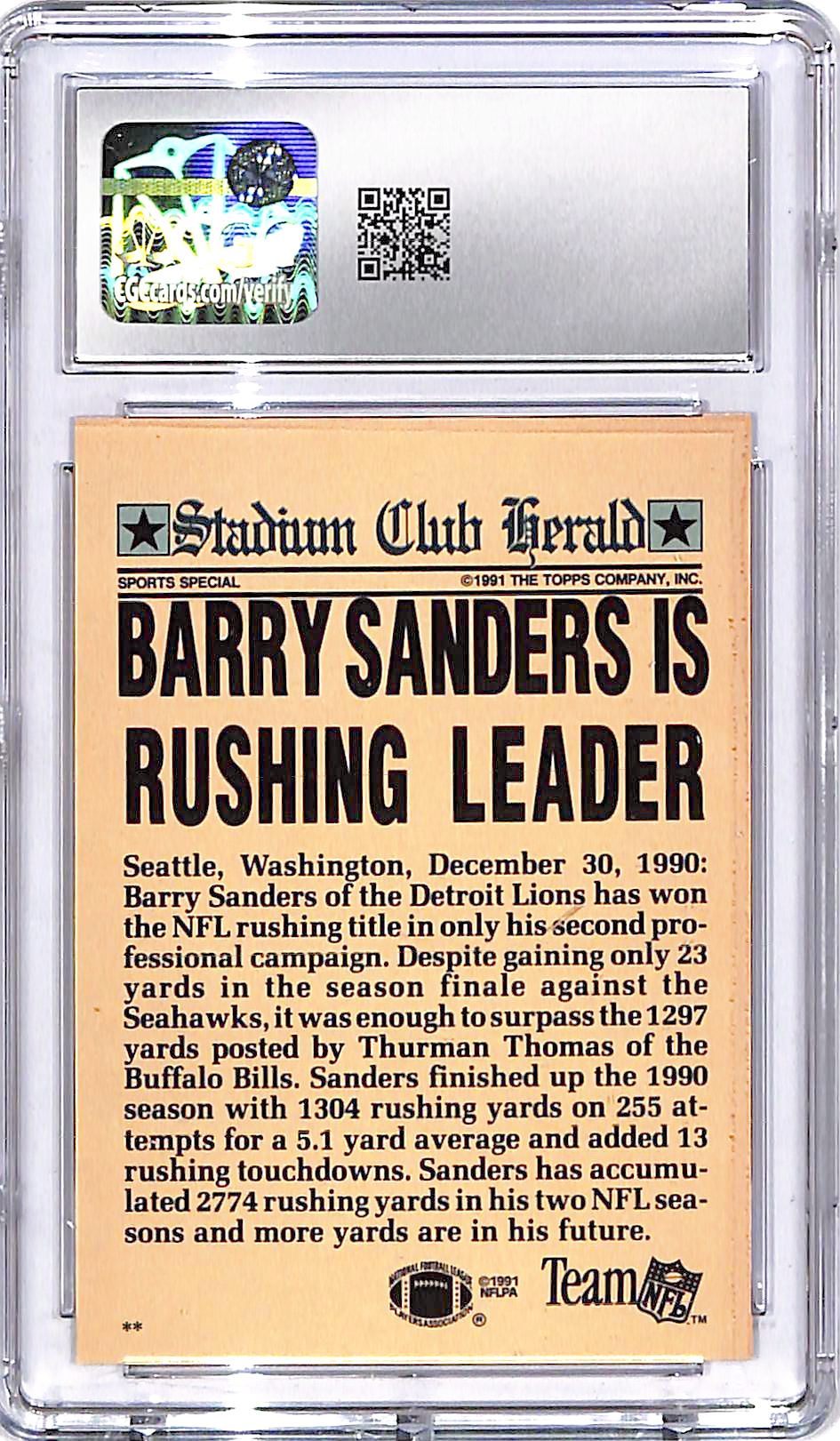 1991 Stadium Club Charter Member Barry Sanders CGC 9.5 Lions