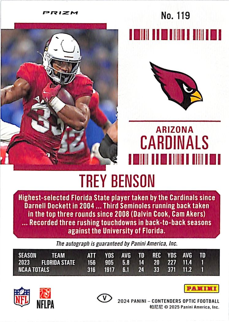 2024 Contenders Optic Trey Benson Auto Autograph Rookie RC Silver Cardinals