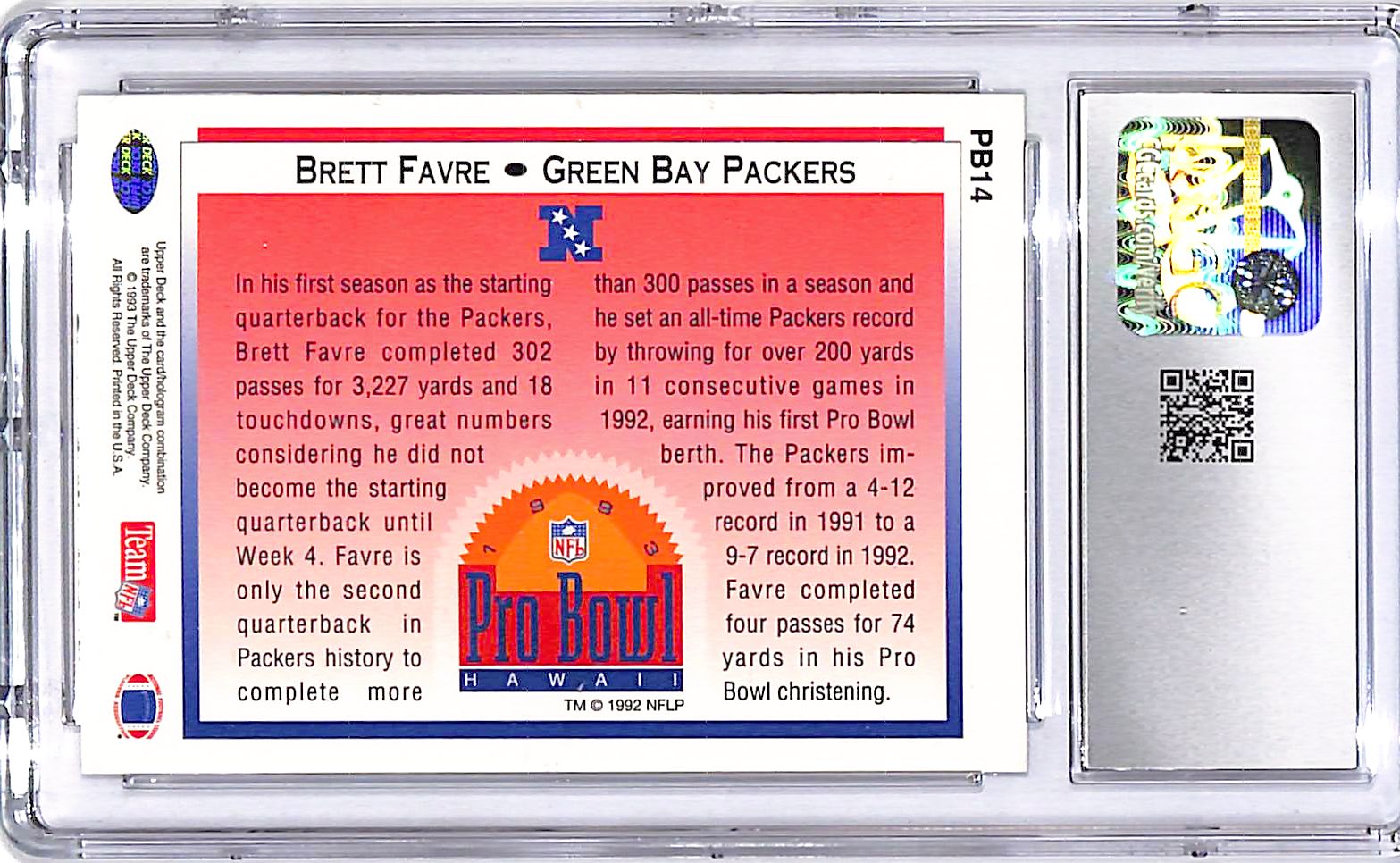 1993 Upper Deck Brett Favre Pro Bowl CGC 9.5 Patriots