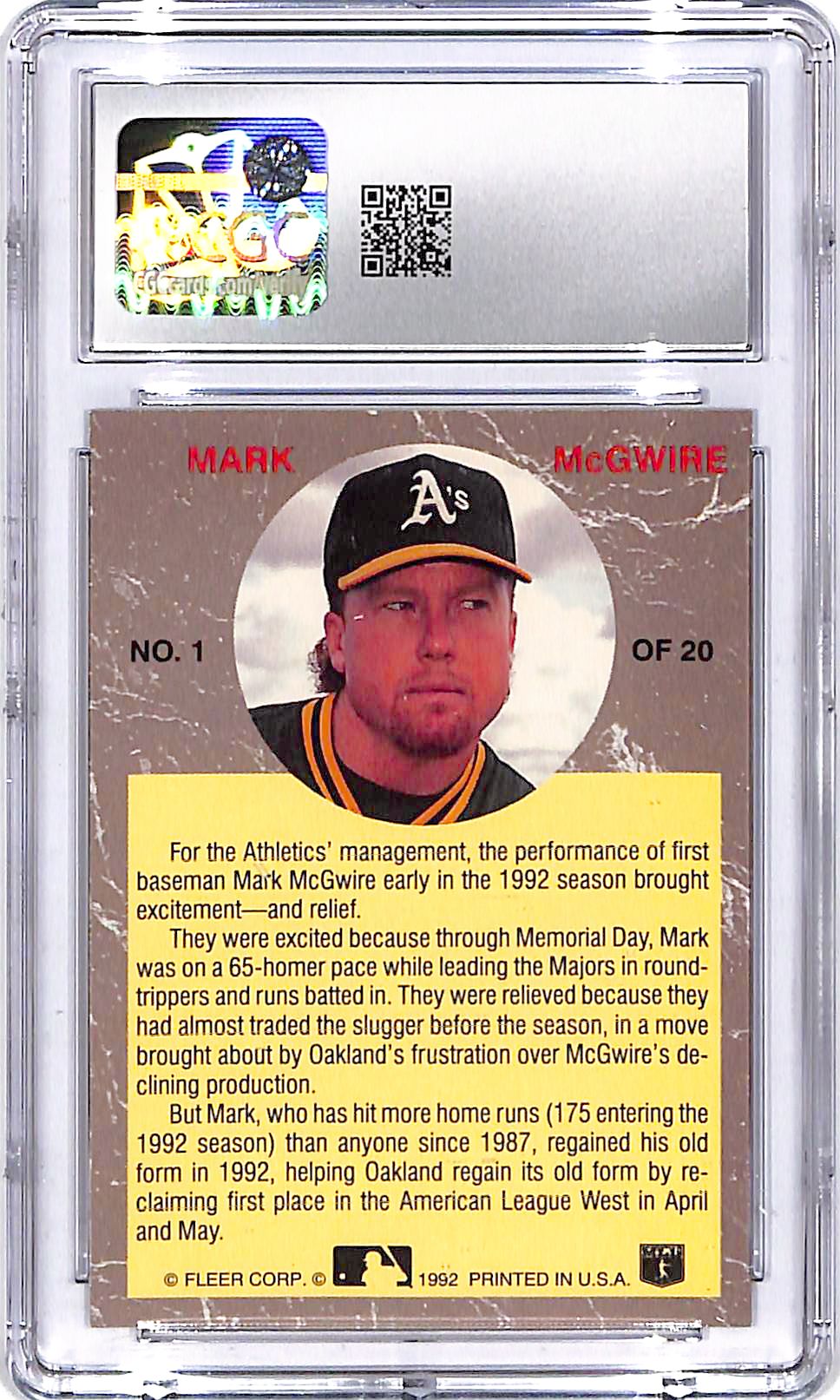 1992 Fleer Ultra Mark McGwire All Stars #1 CGC 9.5 Athletics