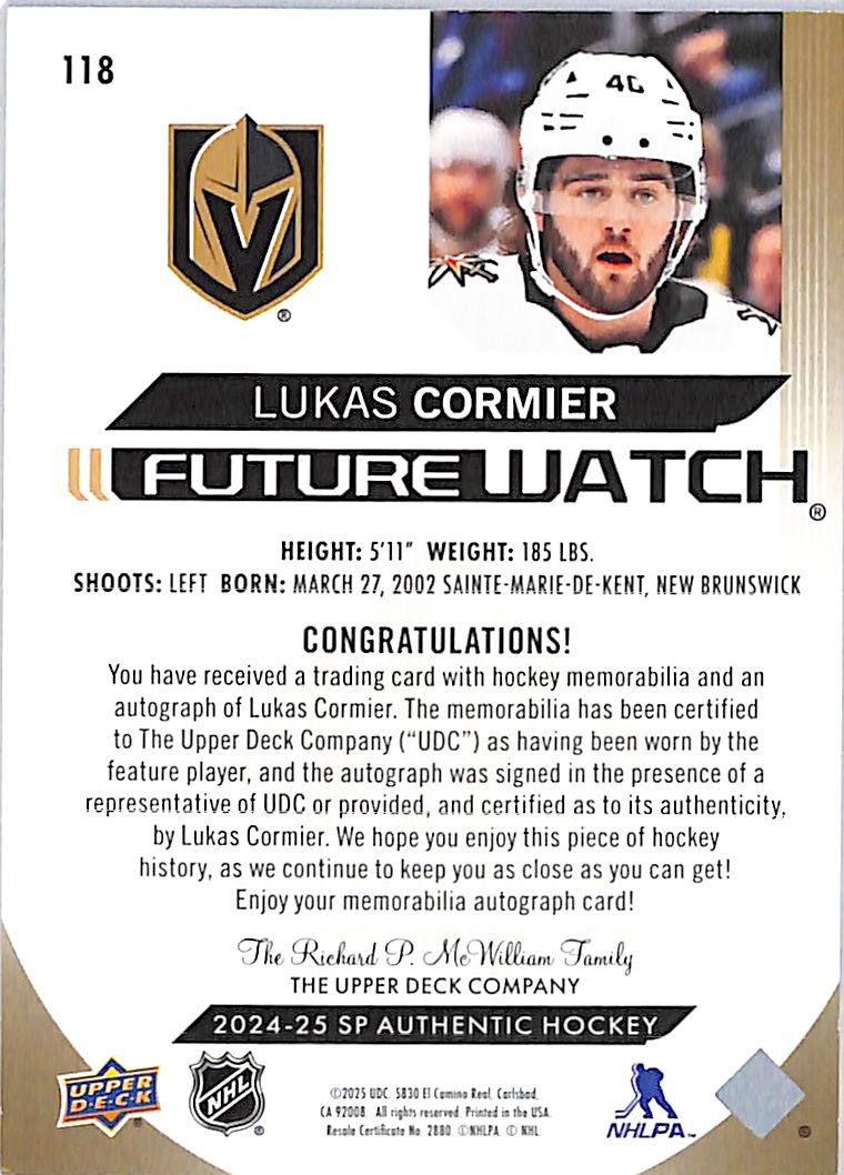 2024-25 SP Authentic Lukas Cormier Auto Autograph Future Watch Patch /100 Golden Knights