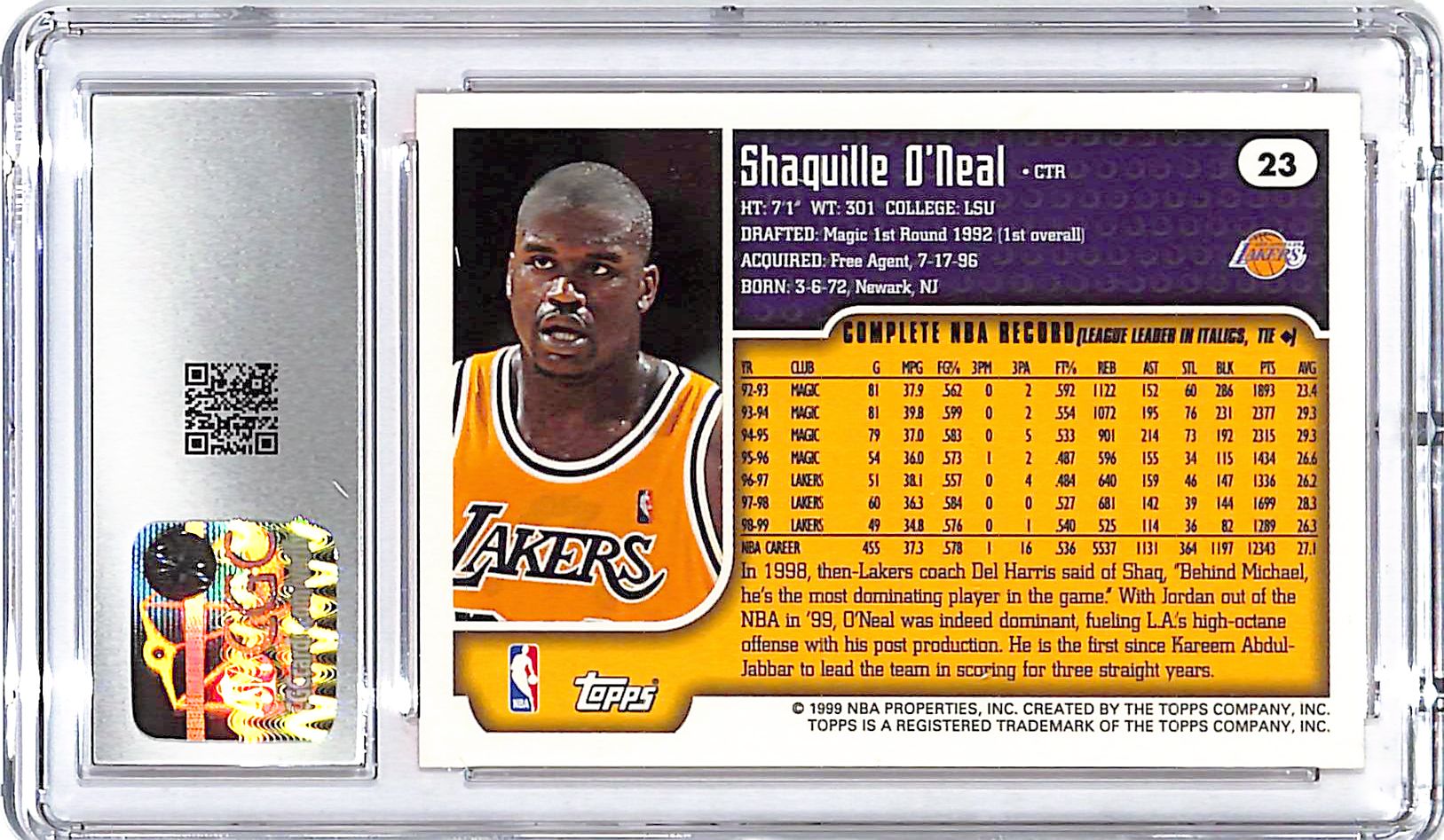 1999-00 Topps Shaquille O'Neal #23 CGC 9.5 Lakers