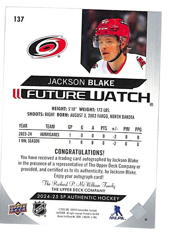 2024-25 SP Authentic Jackson Blake Auto Autograph Future Watch Rookie RC /599 Hurricanes