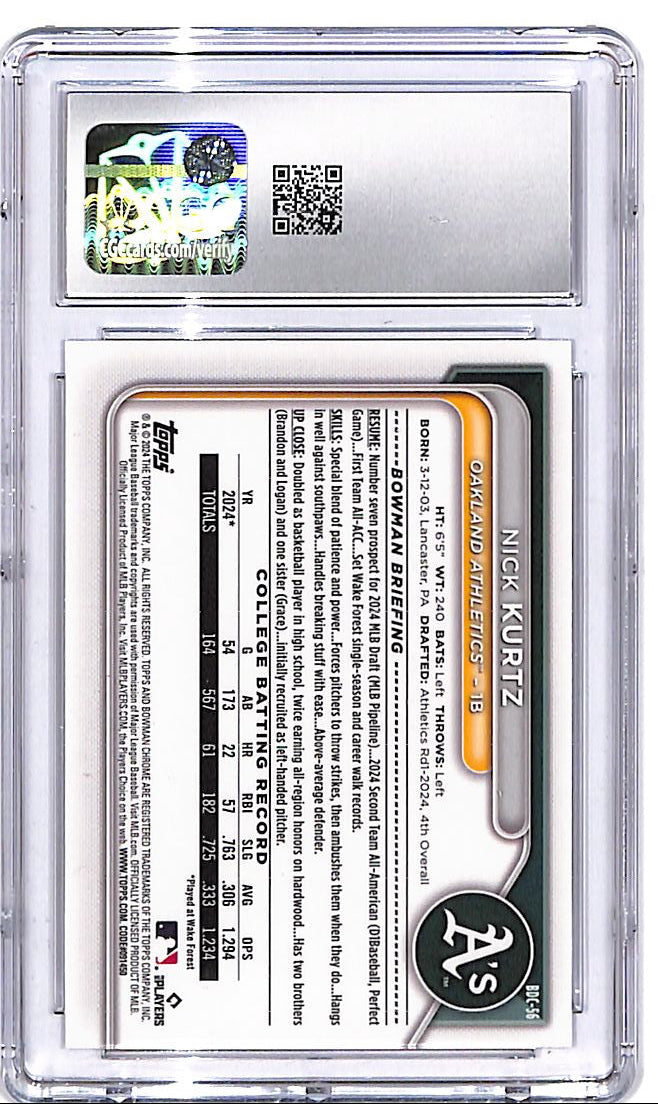 2024 Bowman Chrome Draft Nick Kurtz Rookie RC CGC 10 Athletics
