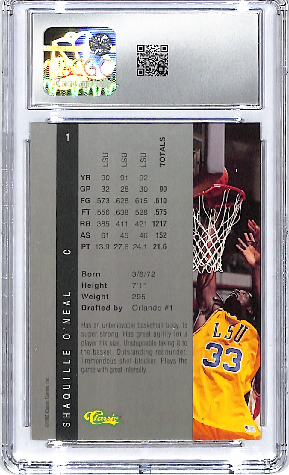 1992-93 Classic Four Sport Shaquille O'Neal Rookie RC #1 CGC 9.5